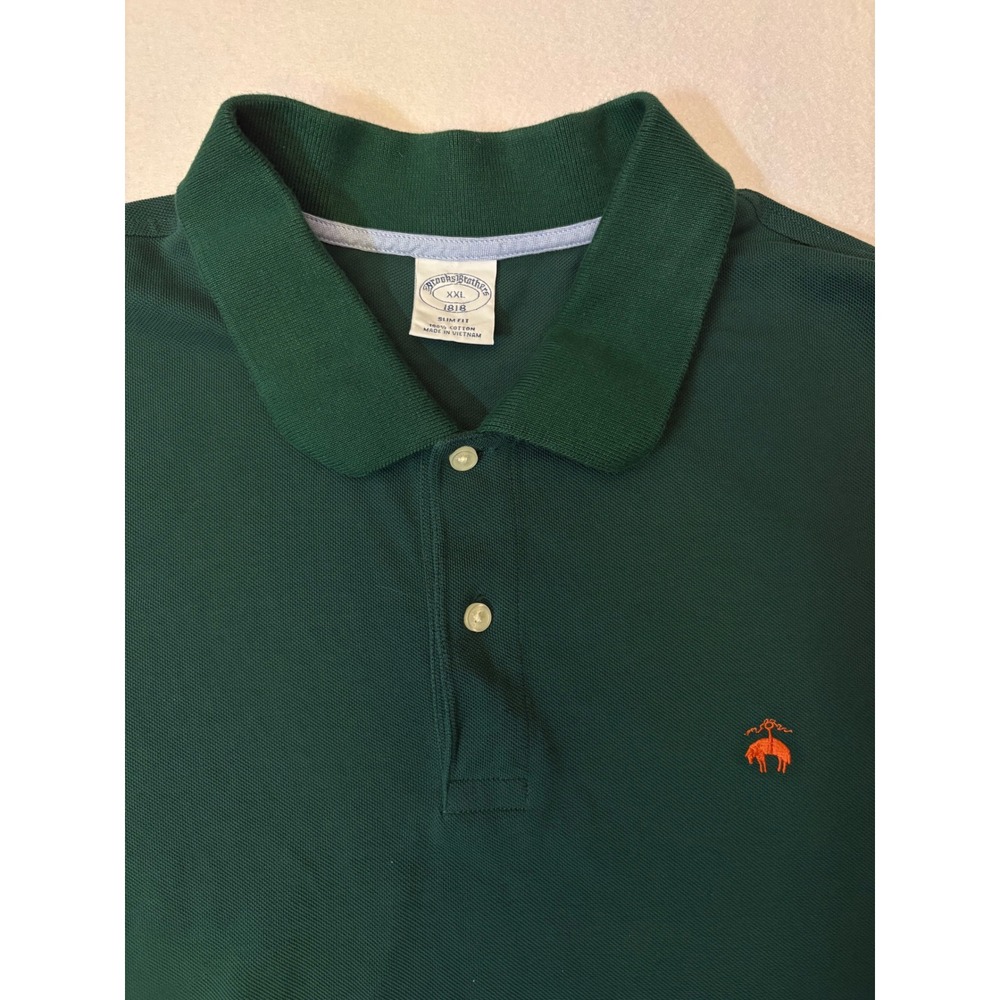 Brooks Brothers 1818 Mens XXL Slim Fit Long Sleeve Polo Shirt Green Cotton Pique